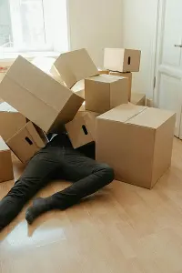 man overwhelmed by boxes